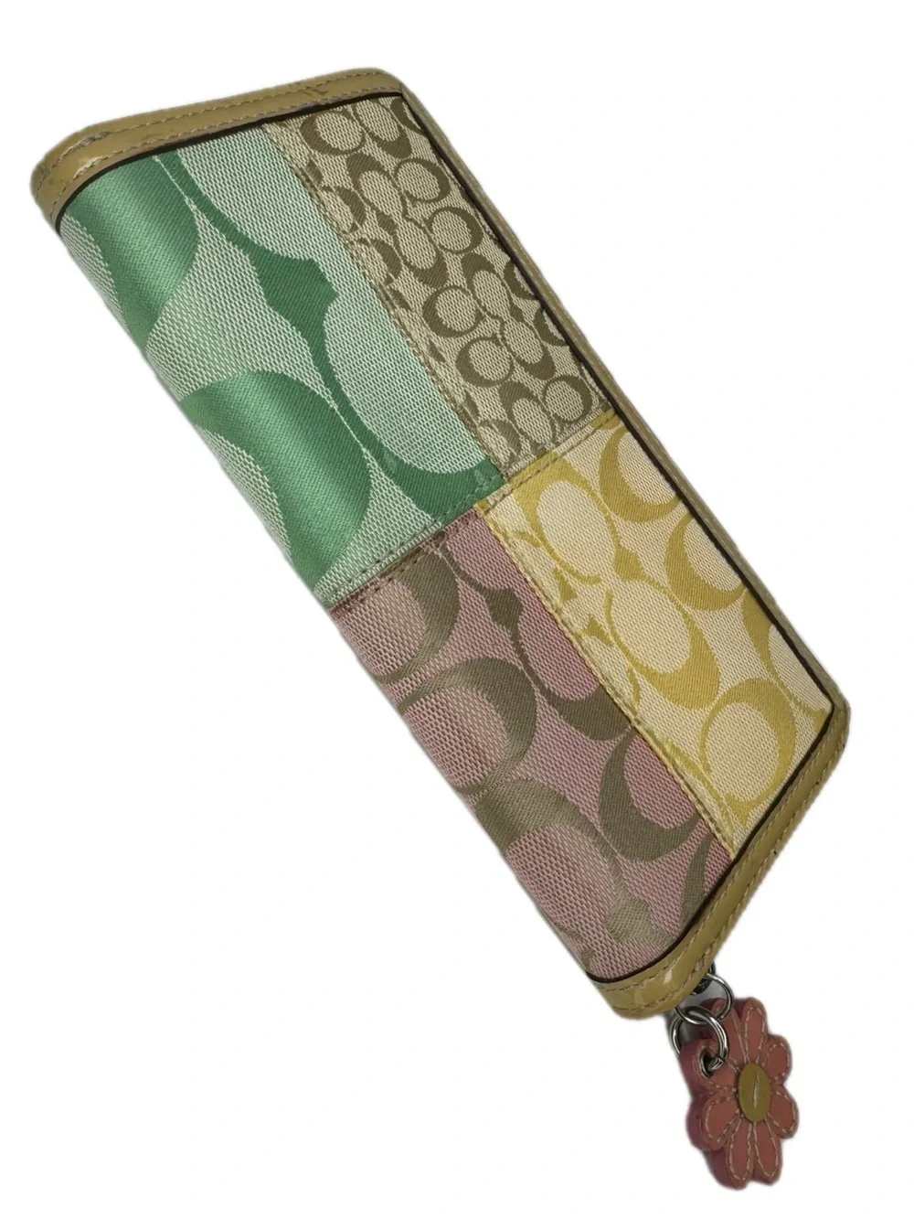 Coach Patchwork Signature Zip Wallet in Pink, Green, Yellow and Tan